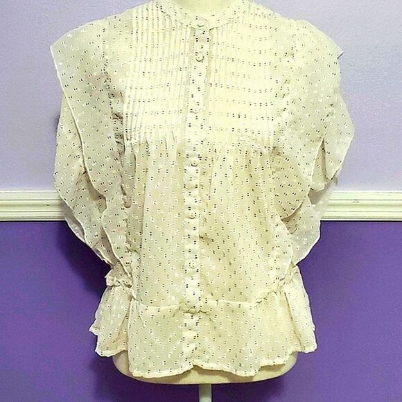 Max Ivory Swiss Dots Pintuck Flutter Sleeves Boho Romantic Button Down Top - Picture 1 of 8